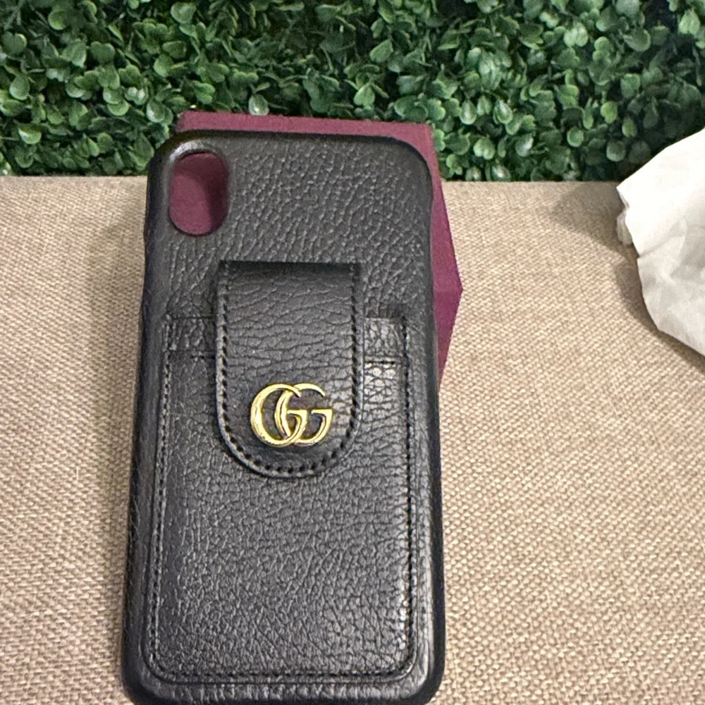 Black Leather Phone Case with Gold GG Logo